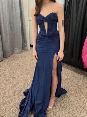 Jovani Navy Corset Prom Dress Size 00 Strapless High Slit Gown